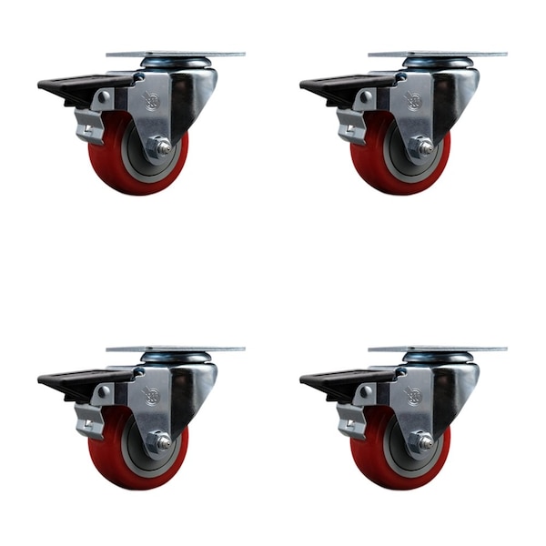 3'' Red Poly Wheel Swivel Top Plate Caster Set with Posi Brake, 4PK